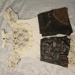 3-Piece Steampunk Victorian Vintage Style Skirt, Shirt, Shorts Set
